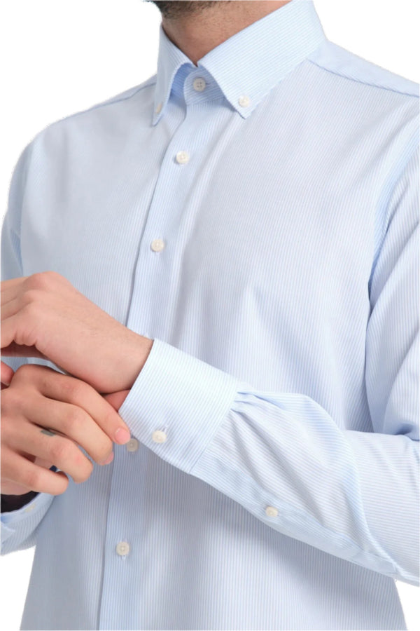 Camicia Uomo Cesare Essential Popelin Celeste Bianco No Stiro
