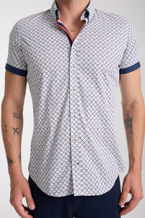 Chemise Homme Manche Courte Iconic Popelin Stretch Blanc Bleu