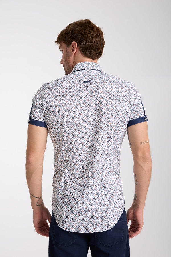Chemise Homme Manche Courte Iconic Popelin Stretch Blanc Bleu