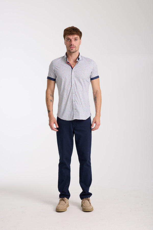 Chemise Homme Manche Courte Iconic Popelin Stretch Blanc Bleu