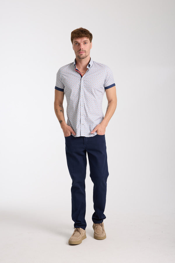 Chemise Homme Manche Courte Iconic Popelin Stretch Blanc Bleu