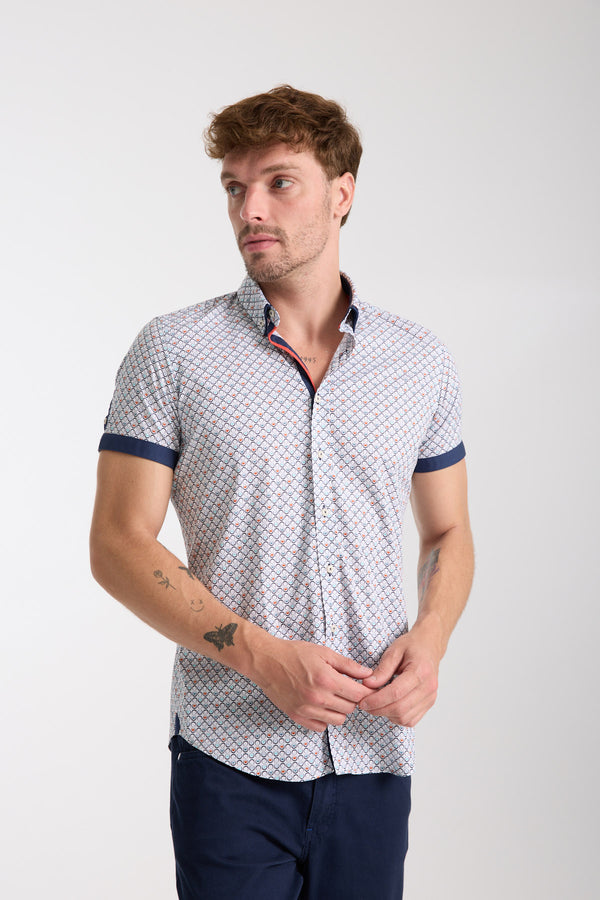 Chemise Homme Manche Courte Iconic Popelin Stretch Blanc Bleu