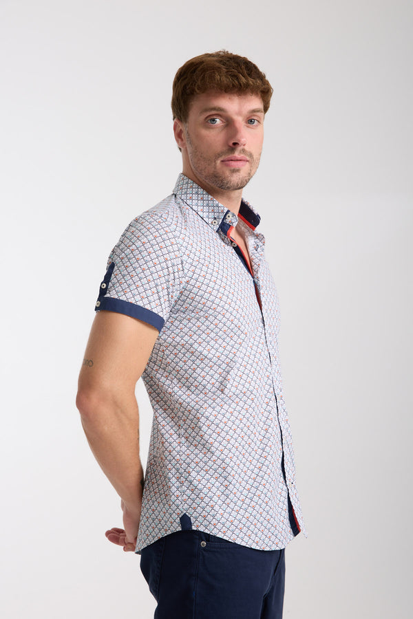 Chemise Homme Manche Courte Iconic Popelin Stretch Blanc Bleu