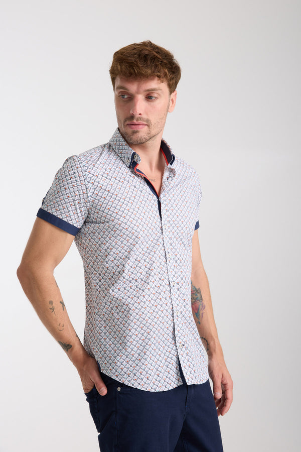 Chemise Homme Manche Courte Iconic Popelin Stretch Blanc Bleu