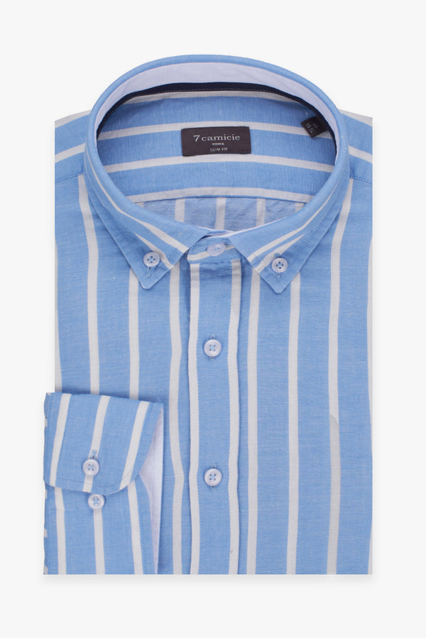 Camisa Hombre Leonardo Sport Lino Azul Claro Blanco