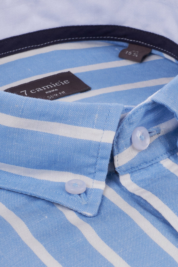 Camisa Hombre Leonardo Sport Lino Azul Claro Blanco