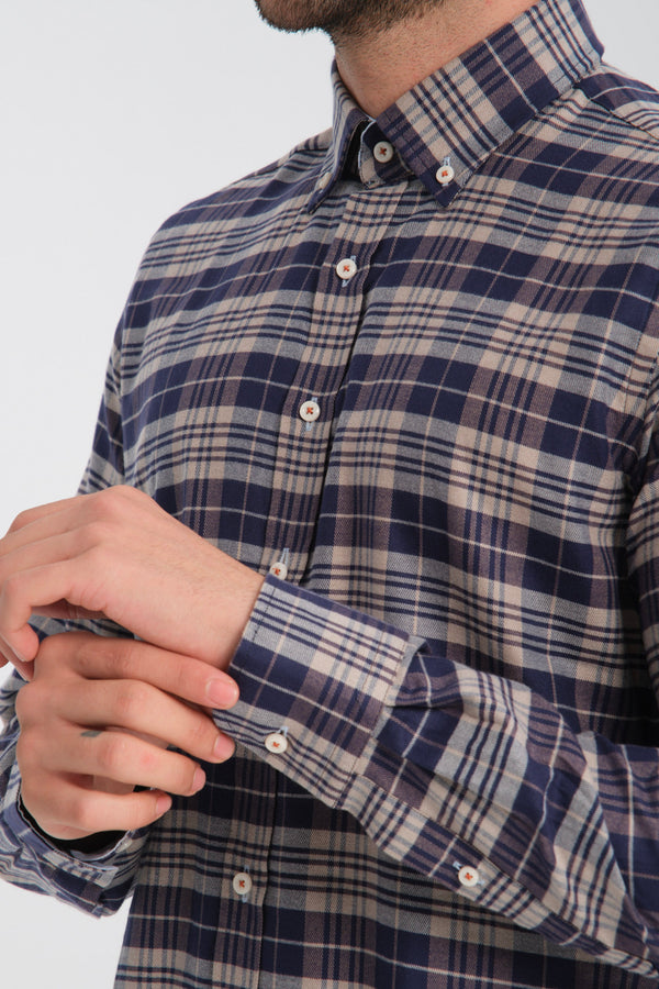 Camicia Uomo Leonardo Sport Flanella Marrone Celeste