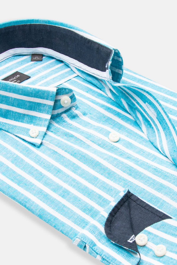Camisa Hombre Leonardo Sport Lino Azul Blanco