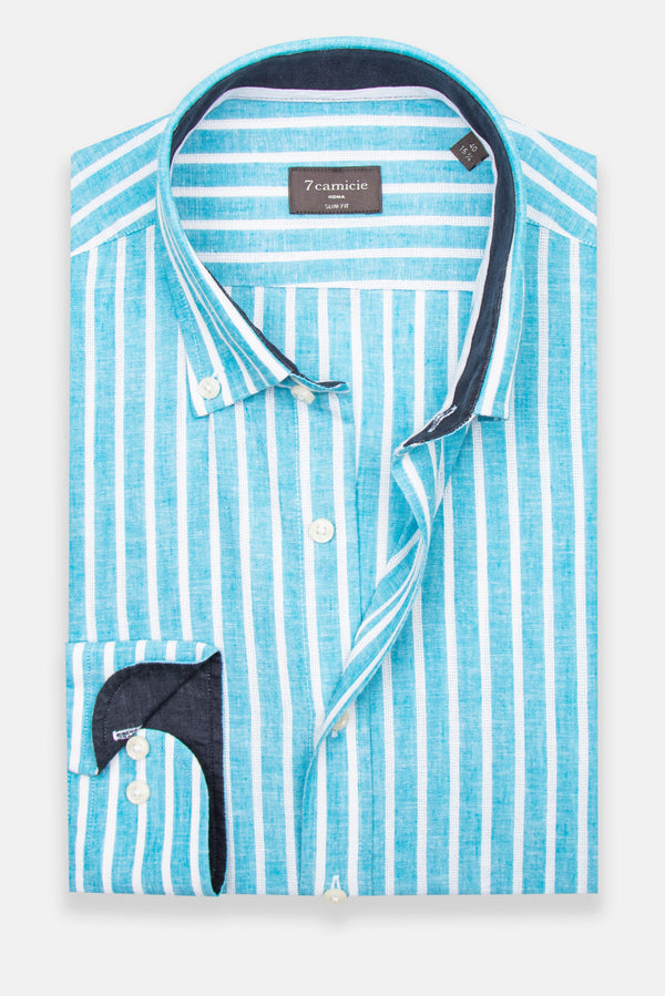 Camisa Hombre Leonardo Sport Lino Azul Blanco