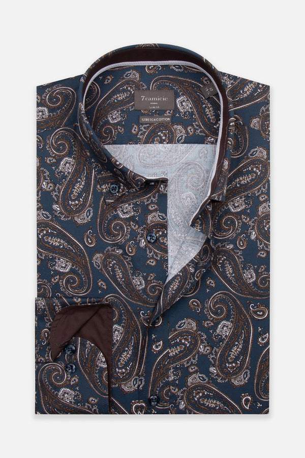 Camicia Uomo Leonardo Sport Popelin Stretch Blu Beige