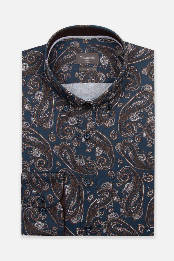 Camicia Uomo Leonardo Sport Popelin Stretch Blu Beige