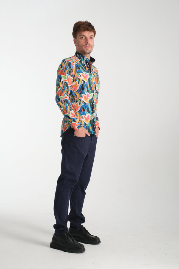 Donatello Iconic Poplin Stretch Man Shirt Black Orange