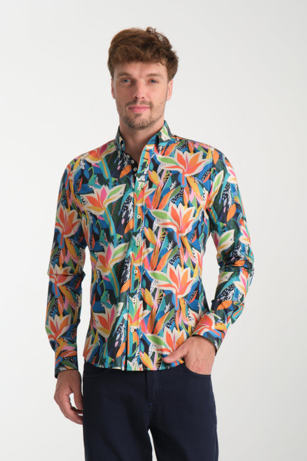 Donatello Iconic Poplin Stretch Man Shirt Black Orange