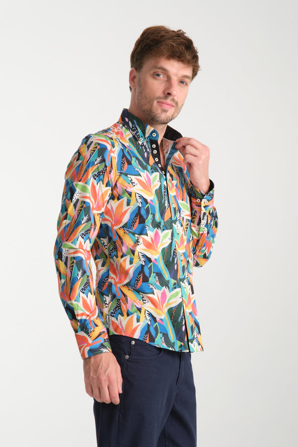Donatello Iconic Poplin Stretch Man Shirt Black Orange