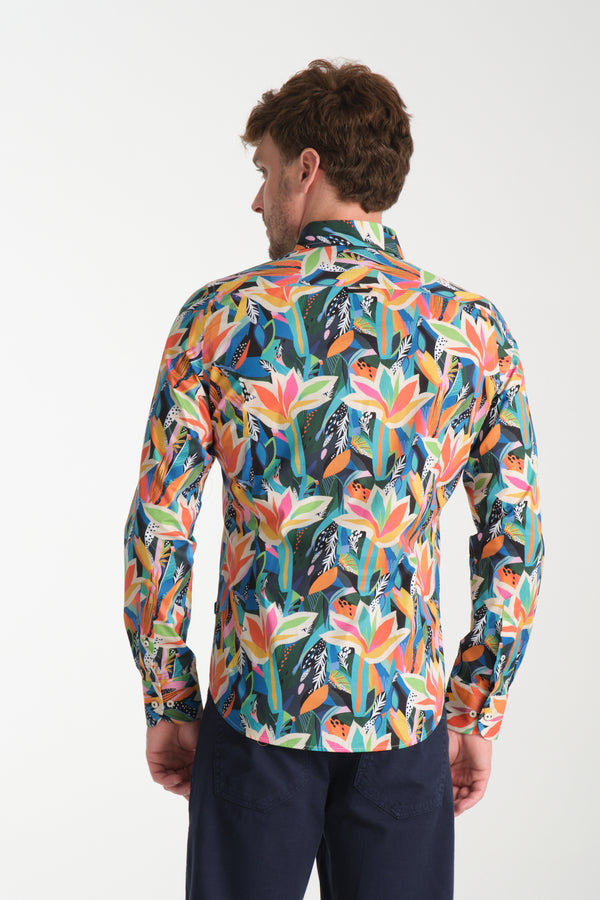 Donatello Iconic Poplin Stretch Man Shirt Black Orange