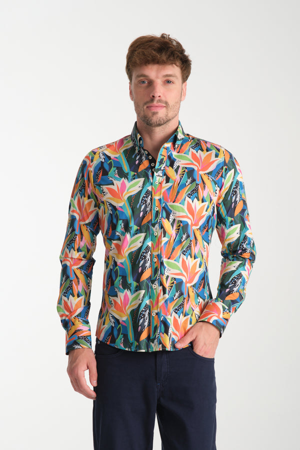 Donatello Iconic Poplin Stretch Man Shirt Black Orange