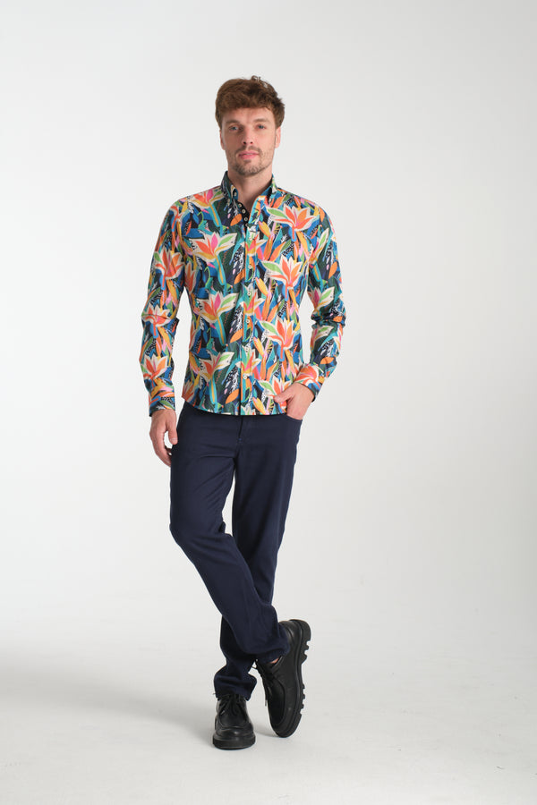 Donatello Iconic Poplin Stretch Man Shirt Black Orange