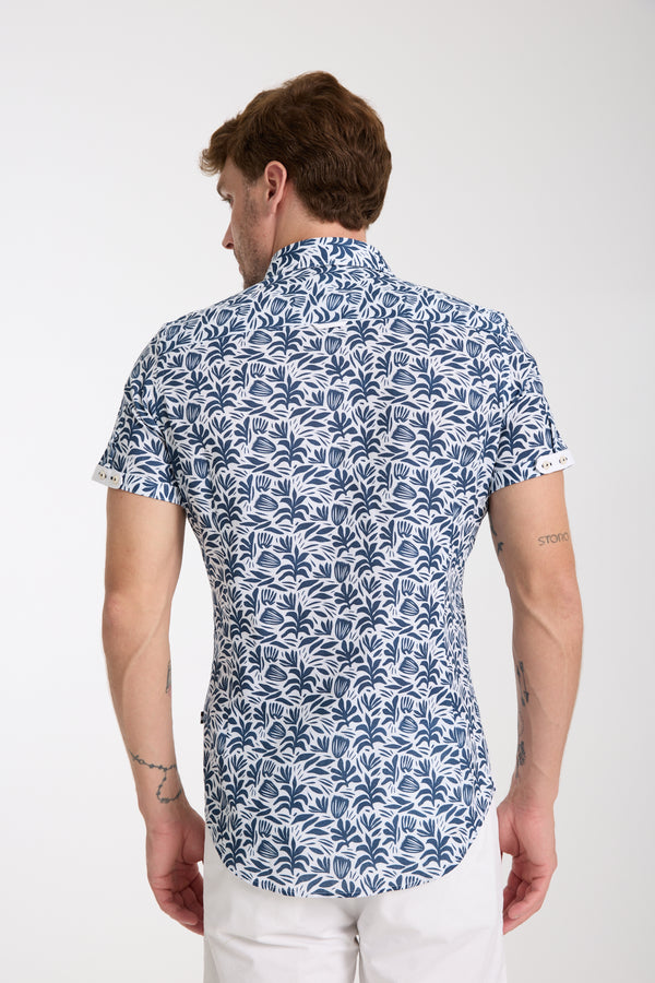 Herren Hemd Kurzarm Leinen Weiss Blau