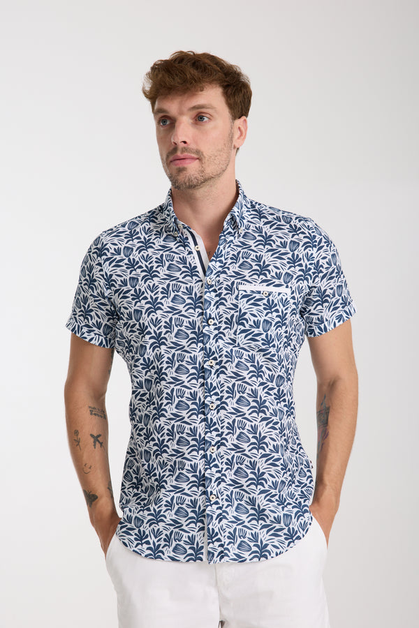 Herren Hemd Kurzarm Leinen Weiss Blau