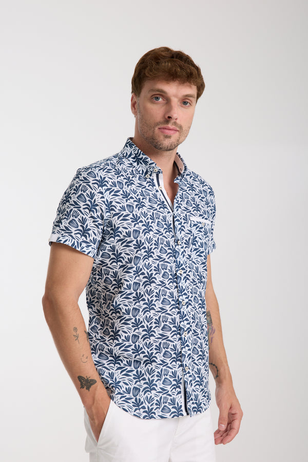 Herren Hemd Kurzarm Leinen Weiss Blau