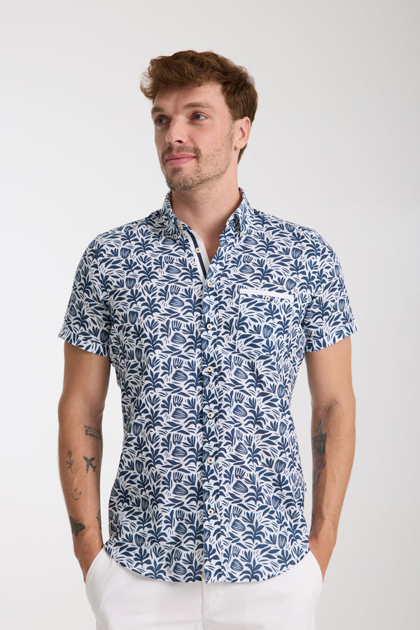 Herren Hemd Kurzarm Leinen Weiss Blau