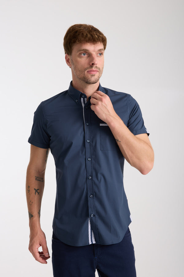 Iconic Poplin Stretch Man Shirt Short Sleeve Blue