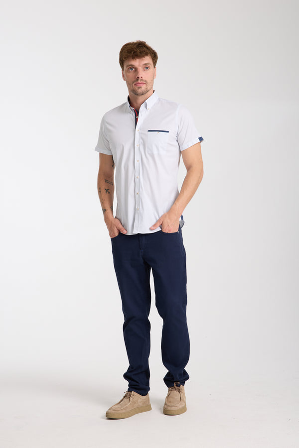 Herren Hemd Kurzarm Poplin Stretch Weiss Blau