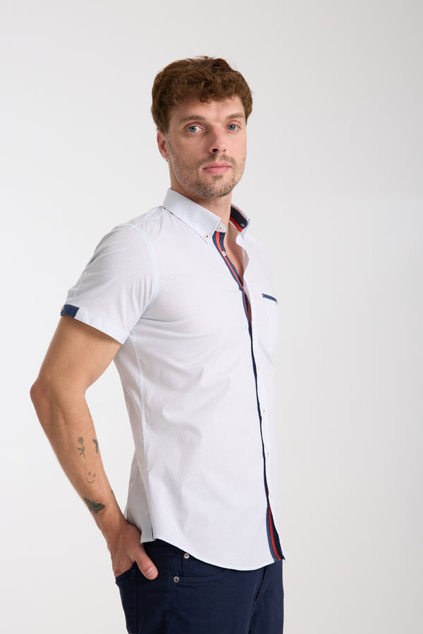 Herren Hemd Kurzarm Poplin Stretch Weiss Blau