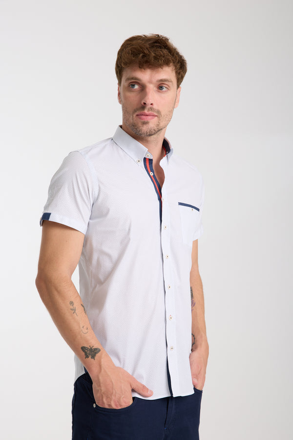 Herren Hemd Kurzarm Poplin Stretch Weiss Blau