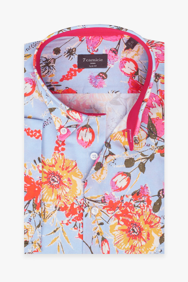 Camicia Uomo Manica Corta Leonardo Sport Popelin Celeste Rosso