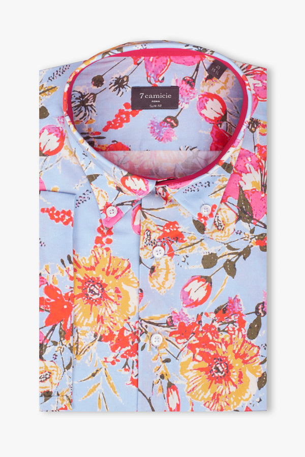 Camicia Uomo Manica Corta Leonardo Sport Popelin Celeste Rosso