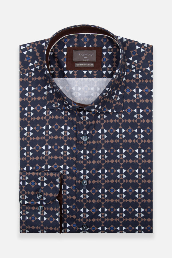 Poplin Stretch Man Shirt Blue Brown