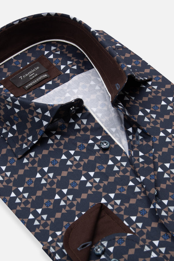 Poplin Stretch Man Shirt Blue Brown