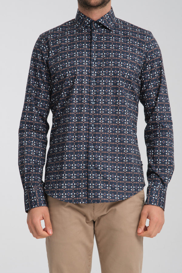 Poplin Stretch Man Shirt Blue Brown