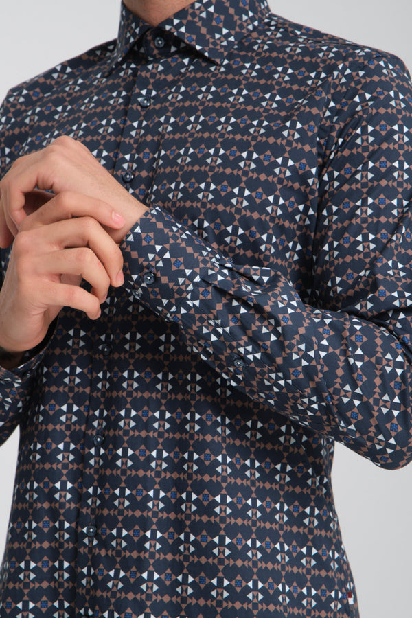Poplin Stretch Man Shirt Blue Brown