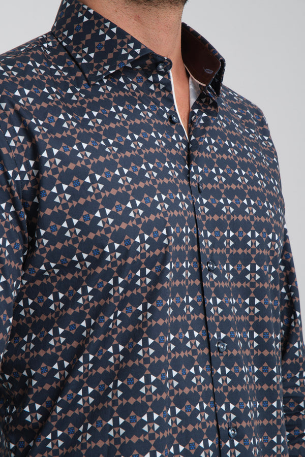 Poplin Stretch Man Shirt Blue Brown