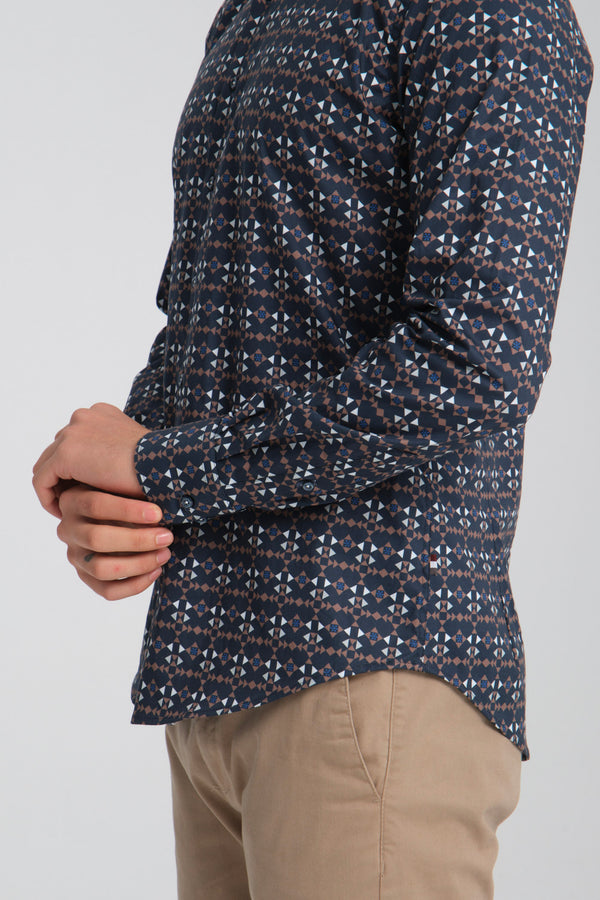 Poplin Stretch Man Shirt Blue Brown