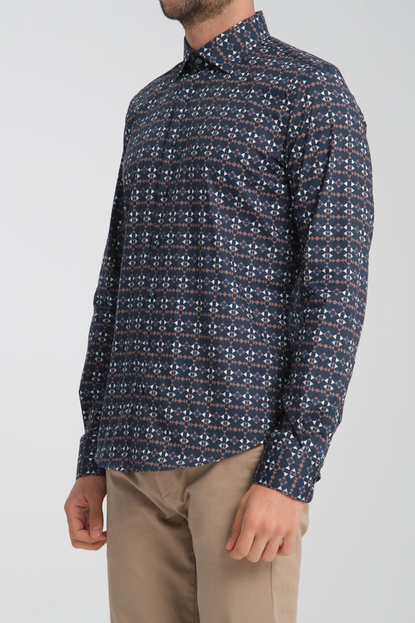 Poplin Stretch Man Shirt Blue Brown