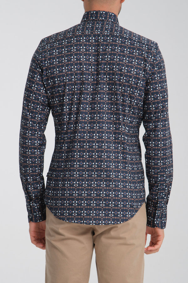 Poplin Stretch Man Shirt Blue Brown