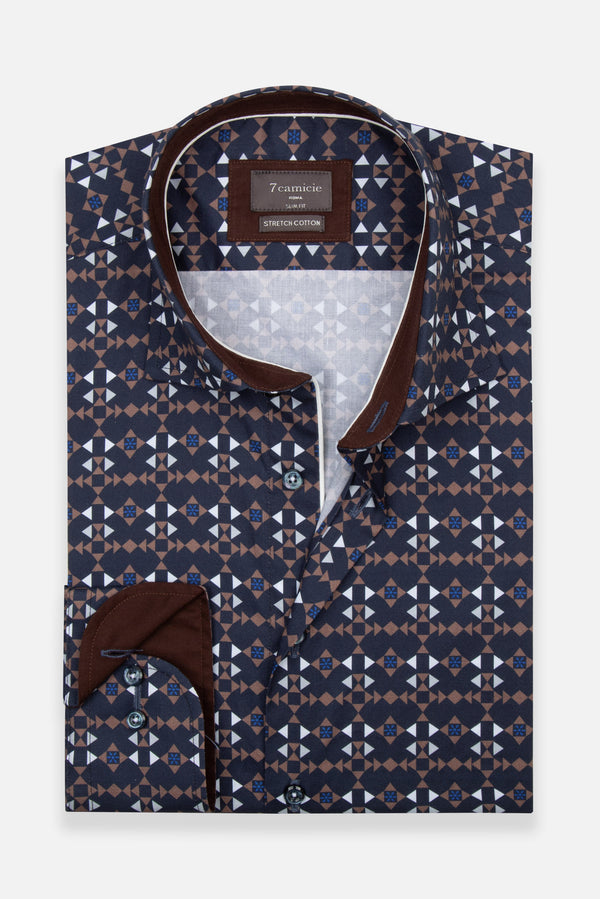 Poplin Stretch Man Shirt Blue Brown