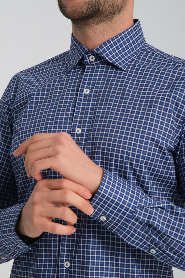 Poplin Stretch Man Shirt Navy Blue White