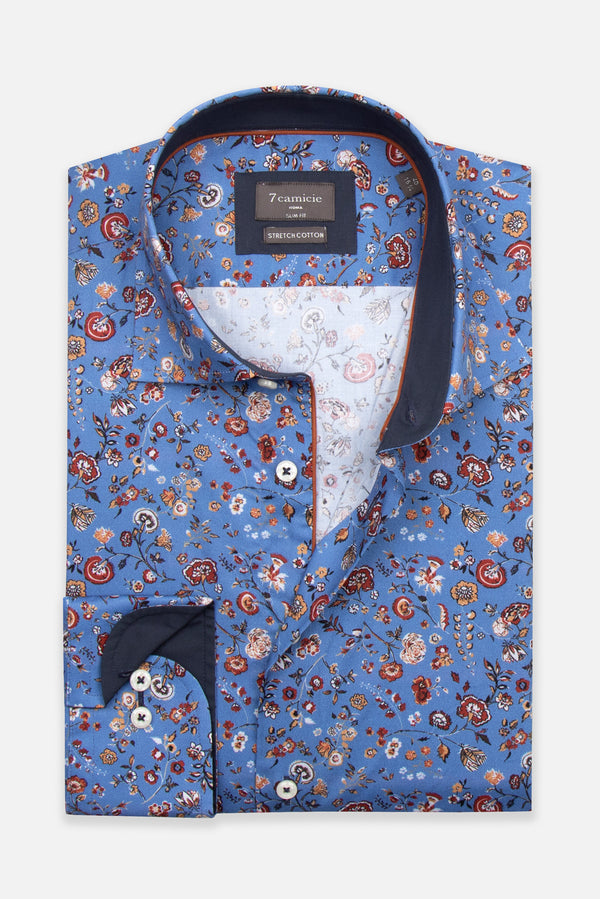 Firenze Sport Herren Hemd Poplin Stretch Blau Orange