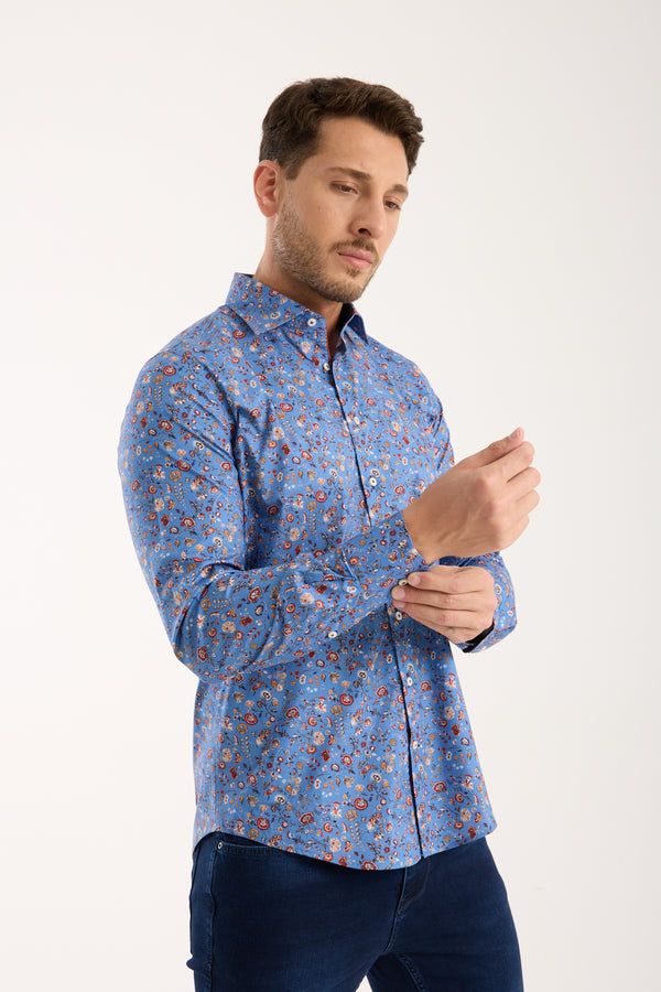 Firenze Sport Herren Hemd Poplin Stretch Blau Orange