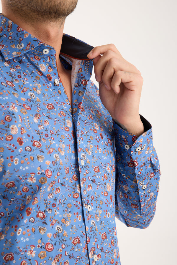 Firenze Sport Herren Hemd Poplin Stretch Blau Orange