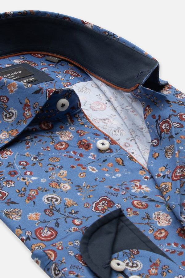 Firenze Sport Herren Hemd Poplin Stretch Blau Orange