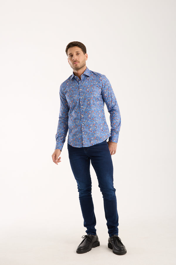 Firenze Sport Herren Hemd Poplin Stretch Blau Orange