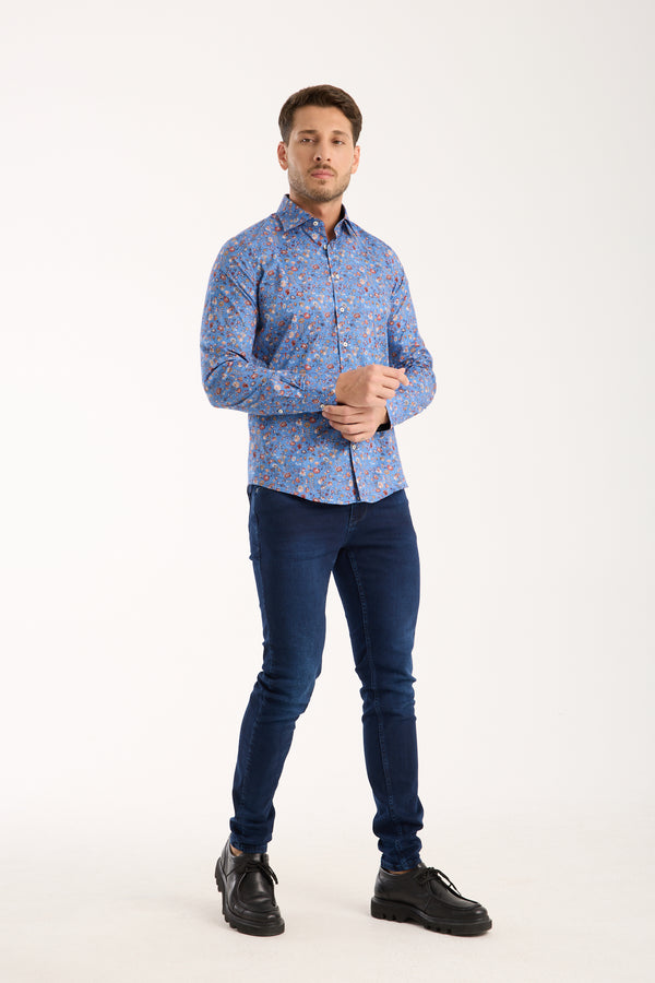 Firenze Sport Herren Hemd Poplin Stretch Blau Orange
