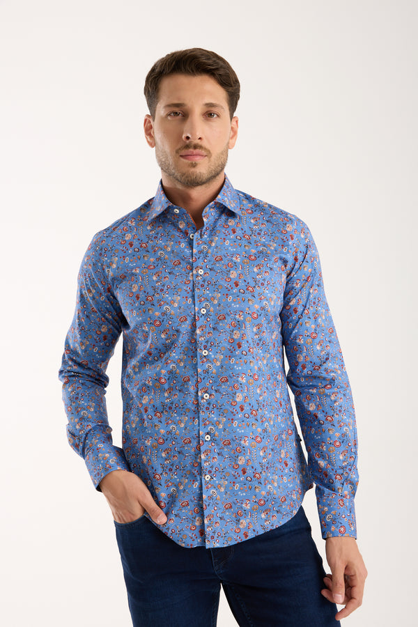 Firenze Sport Herren Hemd Poplin Stretch Blau Orange