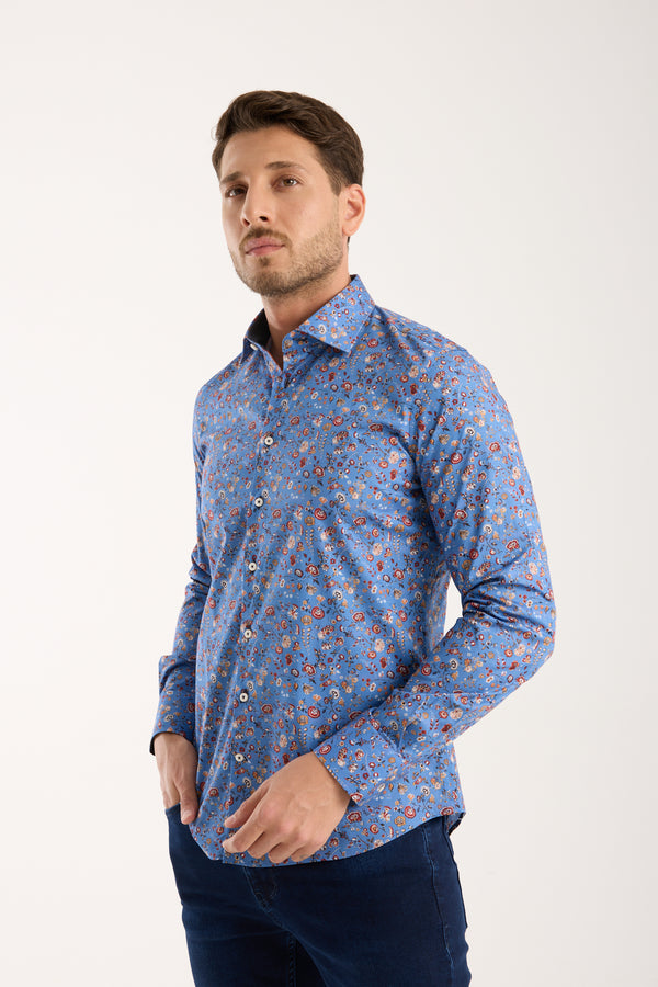 Firenze Sport Herren Hemd Poplin Stretch Blau Orange