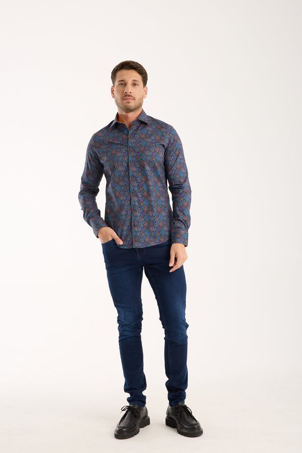 Camicia Uomo Firenze Sport Popelin Stretch Blu Arancione